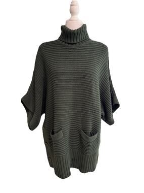 J Crew Oversized Chunky Knit Mock Neck Sweater Womens XS Green Pockets Bottons
